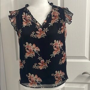 Cece Lava Flower on Black Flutter Sleeve Blouse Chiffon Lined Ruffles Size XS